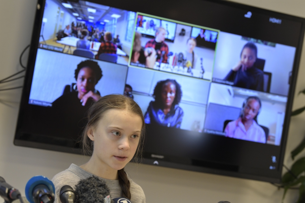 (FILES) This file photo taken on January 31, 2020 in Stockholm shows Swedish climate activist Greta Thunberg giving a press conference during a video conference with climate activists and experts from Africa focusing on key environmental threatening of th