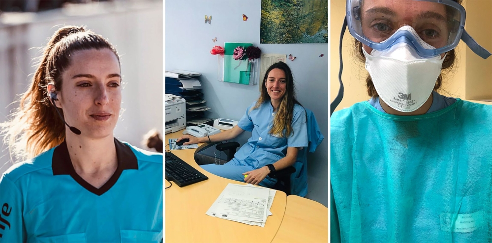 A combo of handout pictures made on March 23, 2020 shows Spanish nurse and semi-professional football referee Iragartze Fernandez officiating a match (L), at a hospital desk (C) and at a hospital in Bilbao during the COVID-19 coronavirus outbreak. AFP / F