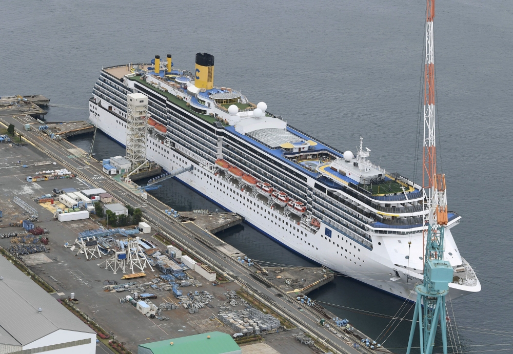 An aerial view shows Italian cruise ship Costa Atlantica, which had confirmed 33 cases of the coronavirus disease (COVID-19) infection, in Nagasaki, southern Japan April 21, 2020. in this photo taken by Kyodo. Picture taken April 21, 2020. Mandatory credi