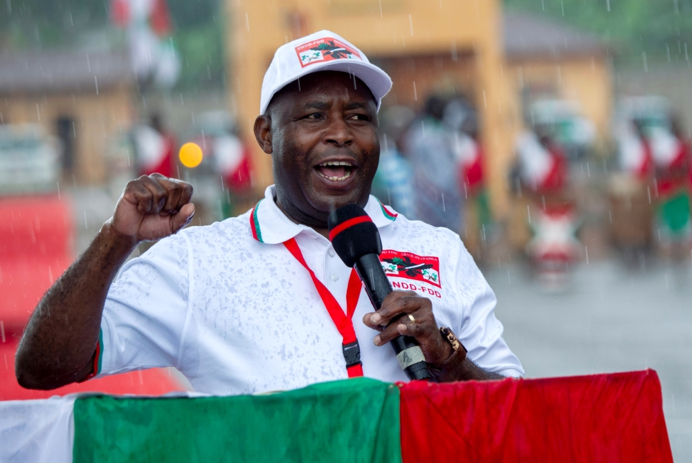FILE PHOTO: Burundi's ruling party CNDD-FDD Secretary-General Evariste Ndayishimiye addresses the delegates after he was picked as their candidate for the next presidential election, during the party's extraordinary congress in Gitega Province, Burundi, J