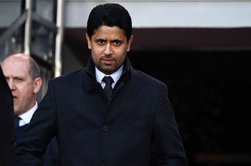 (FILES) In this file photo taken on May 12, 2018, Paris Saint-Germain's Qatari President Nasser Al-Khelaifi attends the French Ligue 1 football match between Paris Saint-Germain and Rennes at the Parc des Princes stadium in Paris. AFP / FRANCK FIFE