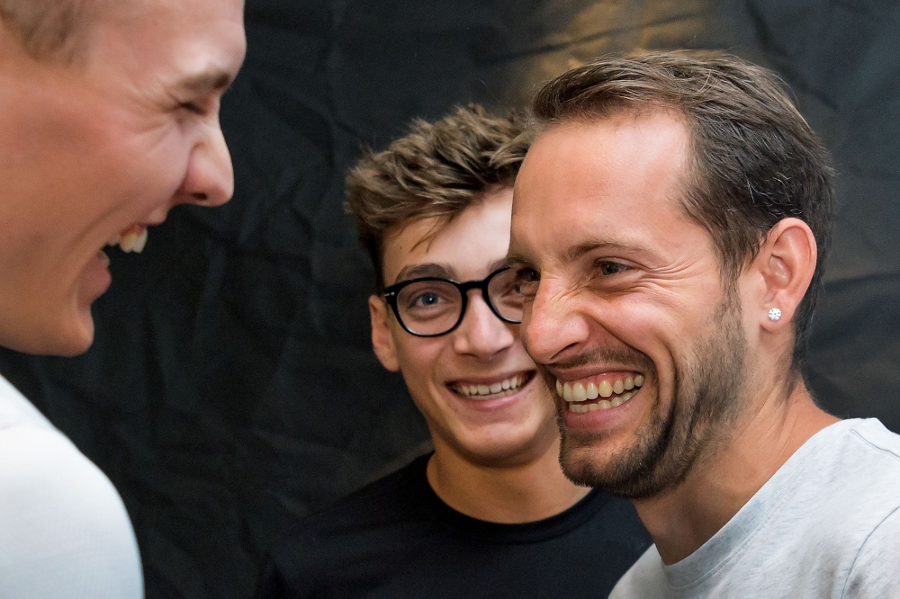 (FILES) In this file photograph taken on July 5, 2017 (L/R): Polevaulters Sam Kendricks of the US, Armand Duplantis of Sweden and Renaud Lavillenie of France react after a press conference on the eve of the Diamond League athletics meeting Athletissima in