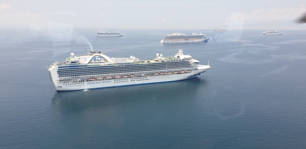 The M/V Ruby Princess is pictured during a short aerial surveillance conducted at the Manila Bay Anchorage area, in Manila, Philippines, May 7, 2020. Philippine Coast Guard/Handout via REUTERS