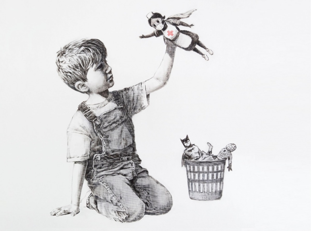 A handout picture received in London from @BANKSY Instagram feed on May 7, 2020 shows a drawing created by the street artist Banksy called 