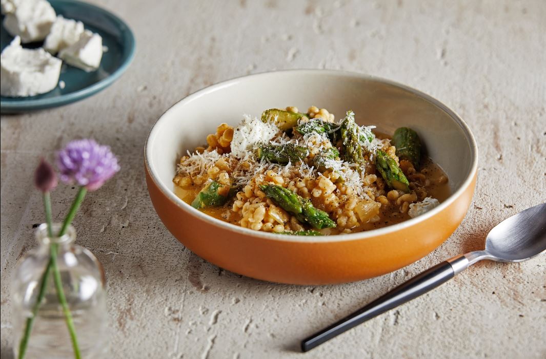 Barley Risotto With Asparagus, Cider and Goat Cheese. Photo by Tom McCorkle for The Washington Post.
