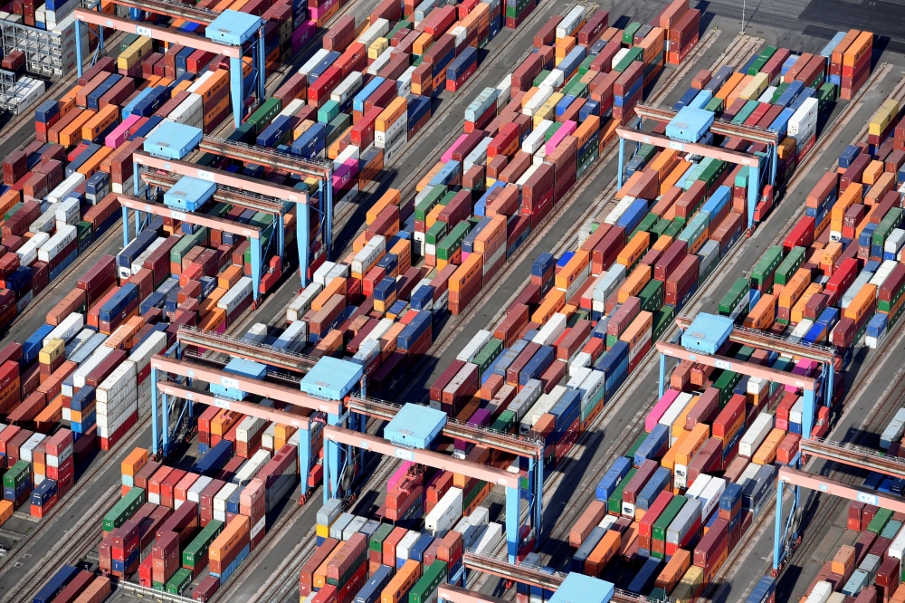 Aerial view of containers at a loading terminal in the port of Hamburg, Germany August 1, 2018. REUTERS/Fabian Bimmer/File Photo