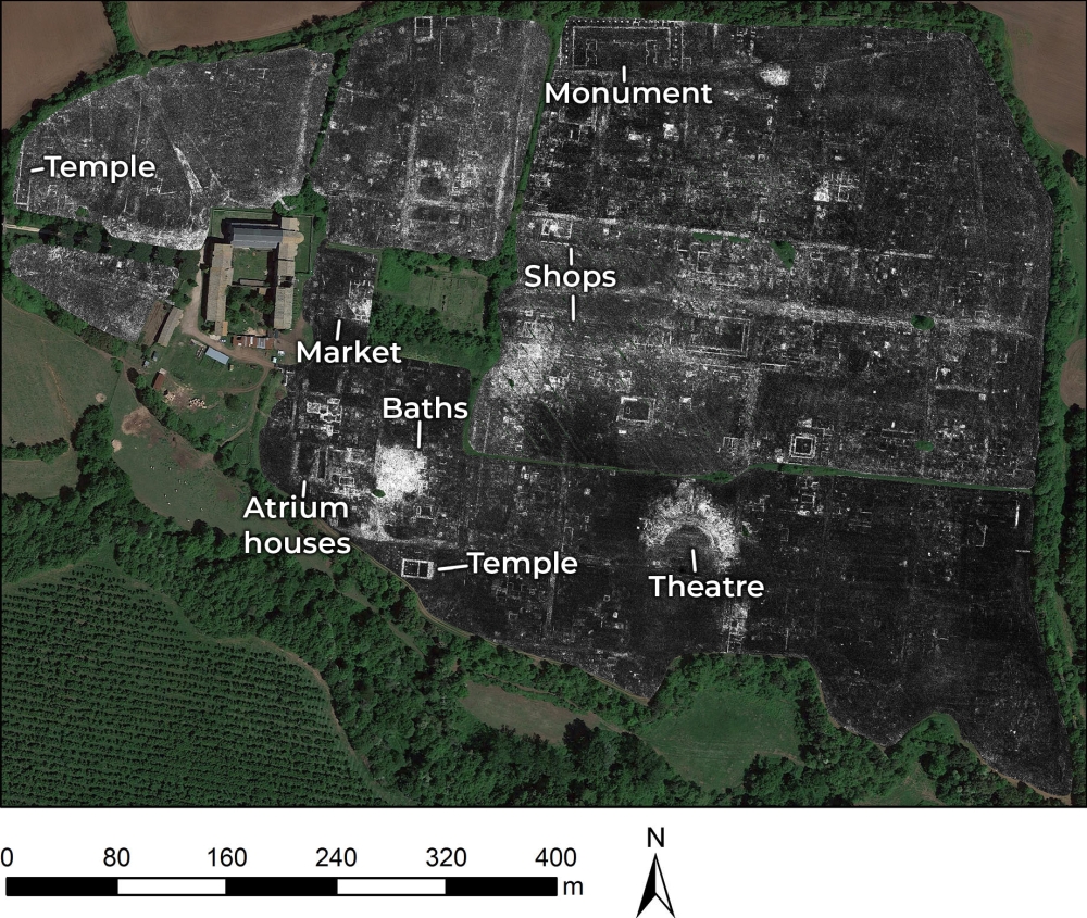 This undated handout photo released on June 4, 2020 by the University of Cambridge shows a slice of Ground Penetrating Radar (GPR) data from the Roman city of Falerii Novi, near Rome, Italy, revealing the outlines of the town's buildings. AFP PHOTO / L. V