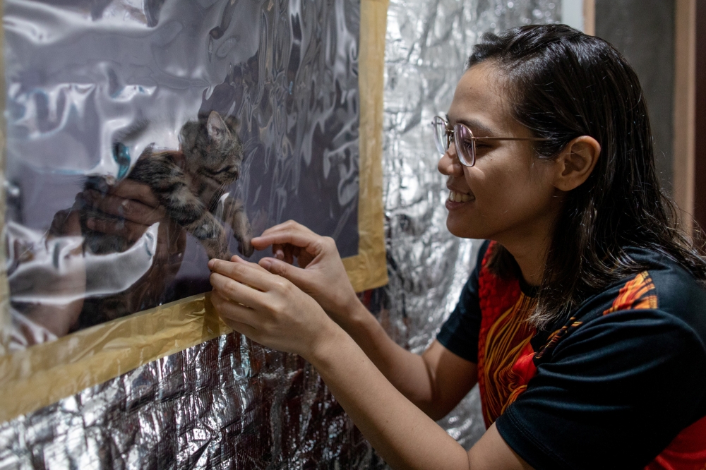 Jan Claire Dorado, 30, a doctor assigned to the coronavirus disease (COVID-19) Emergency Room of East Avenue Medical Center, bonds with her family's cat from behind the small plastic window on her makeshift isolation room to protect her family from potent