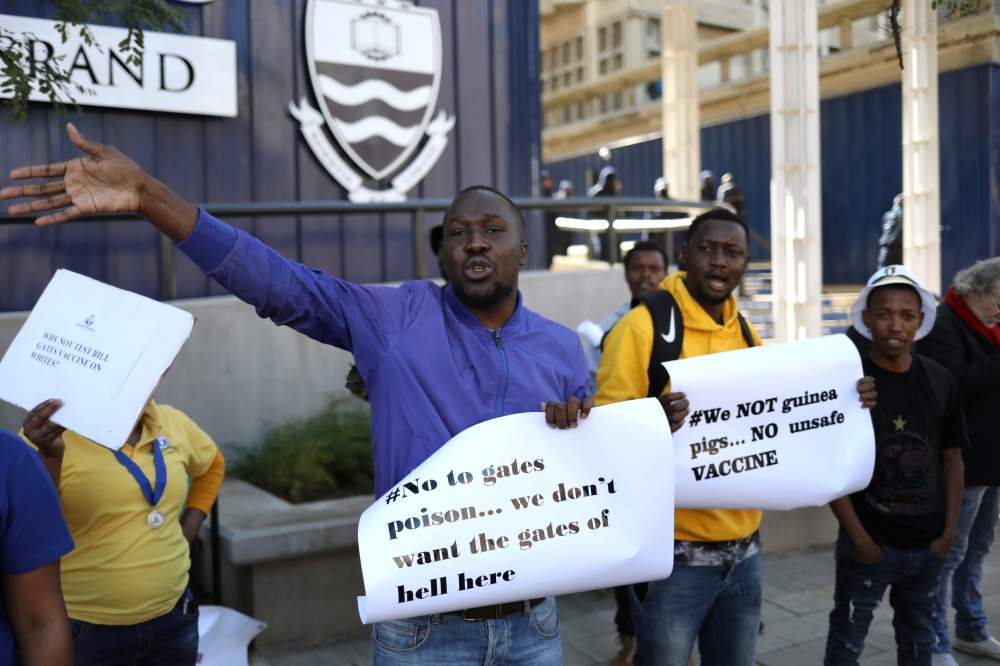 Protesters attend a demonstration against the coronavirus disease (COVID-19) vaccine testing on Africans, at Wits University in Johannesburg, South Africa, July 1, 2020. REUTERS/Siphiwe Sibeko
