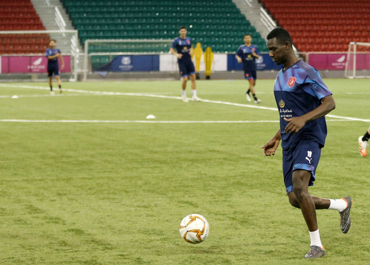 Al Duhail striker Almoez Ali is seen during a team training session at Aspire Academy in Doha yesterday. Al Duhail is one of 12 teams preparing for the final phase of the QNB Qatar Stars League matches set to resume from July 24. 