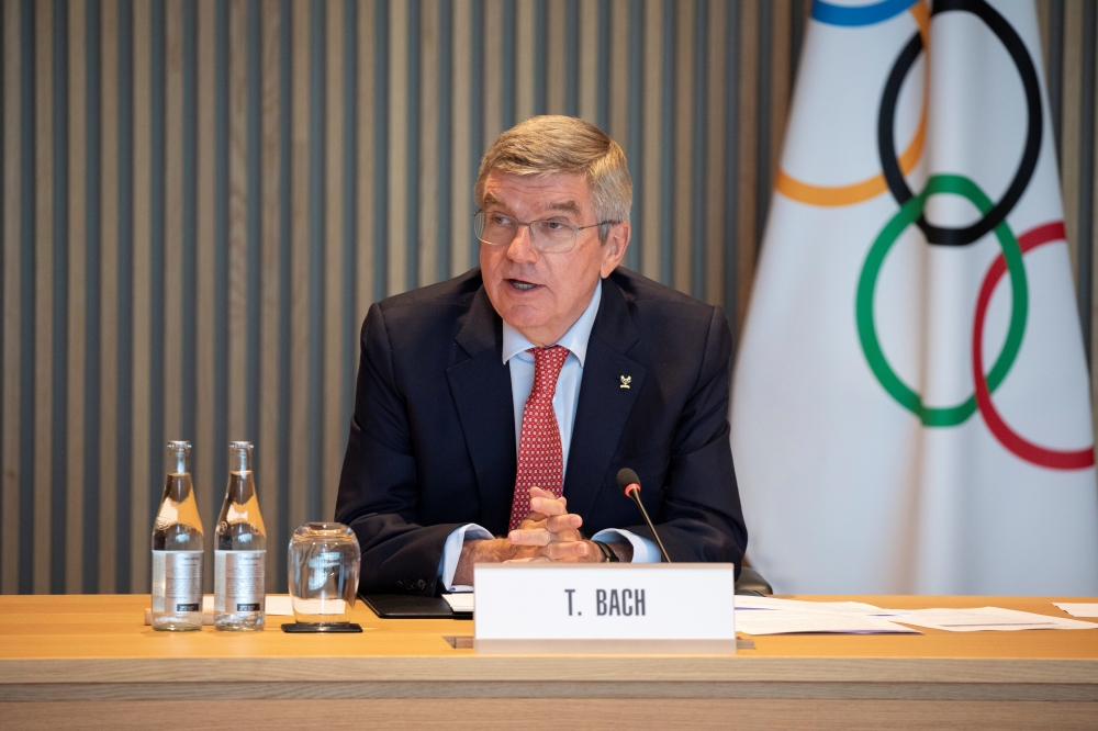 Thomas Bach, President of the International Olympic Committee (IOC) attends a meeting of IOC's executive board, as the spread of the coronavirus disease (COVID-19) continues, in Lausanne, Switzerland July 15, 2020. IOC/Greg Martin/Handout via REUTERS 