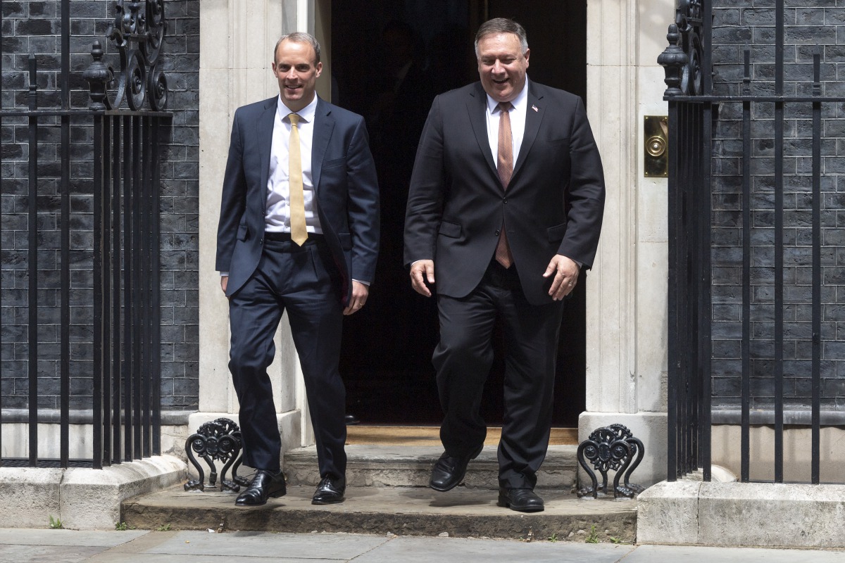 LONDON, UNITED KINGDOM - JULY 21: British Foreign Secretary Dominic Raab (L) and US Secretary of State Mike Pompeo (R) leave Downing St after attending a meeting with British Prime Minister Boris Johnson in London, United Kingdom on July 21, 2020. ( Ray T