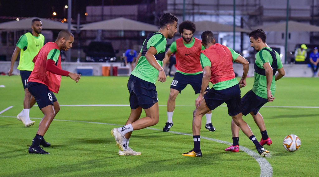 Al Rayyan players are seen during a team training session ahead of their QNB Stars League match against Qatar SC today