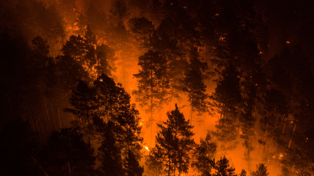 An aerial view shows a forest fire in Krasnoyarsk Region, Russia July 17, 2020. Picture taken July 17, 2020. Julia Petrenko/Greenpeace/Handout 