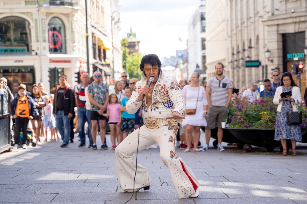 Norwegian artist Kjell Bjornestad impersonating Elvis Presley performs during his challenge for the world's longest Elvis Presley singing marathon, in Oslo, Norway July 23, 2020. NTB Scanpix/Fredrik Hagen via REUTERS 