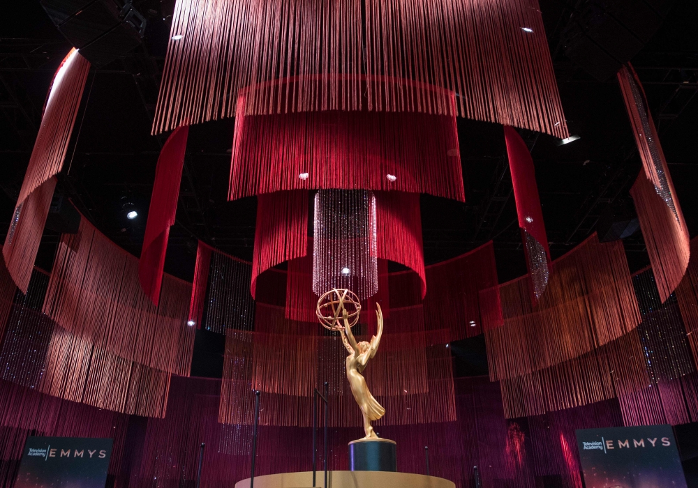 In this file photo taken on September 12, 2019 an Emmy statue is seen on the stage at the 71st Emmy Awards Governors Ball press preview at LA Live in Los Angeles, California. The 72nd Primetime Emmy Awards nominations honoring the best and brightest in te