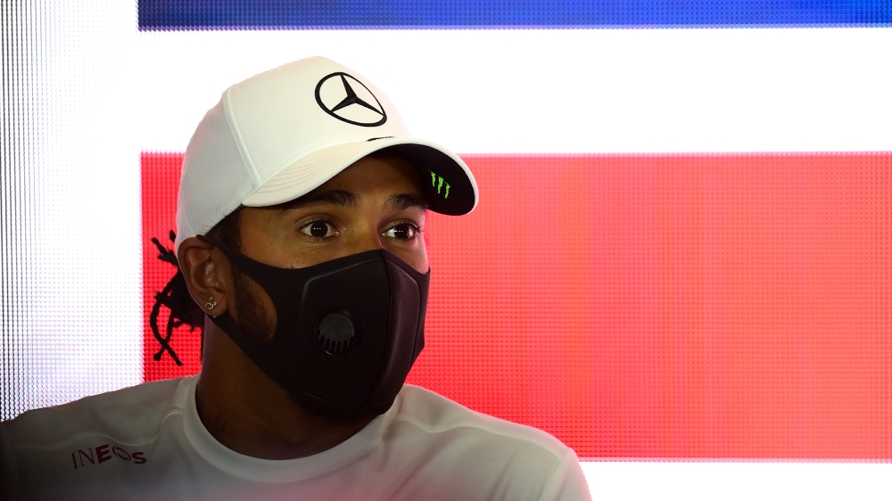 Britain's Lewis Hamilton and Mercedes GP takes part in the Drivers Press Conference during previews ahead of the F1 Grand Prix of Great Britain at Silverstone on July 30, 2020 in Northampton. RESTRICTED TO EDITORIAL USE / AFP / POOL / Mario RENZI