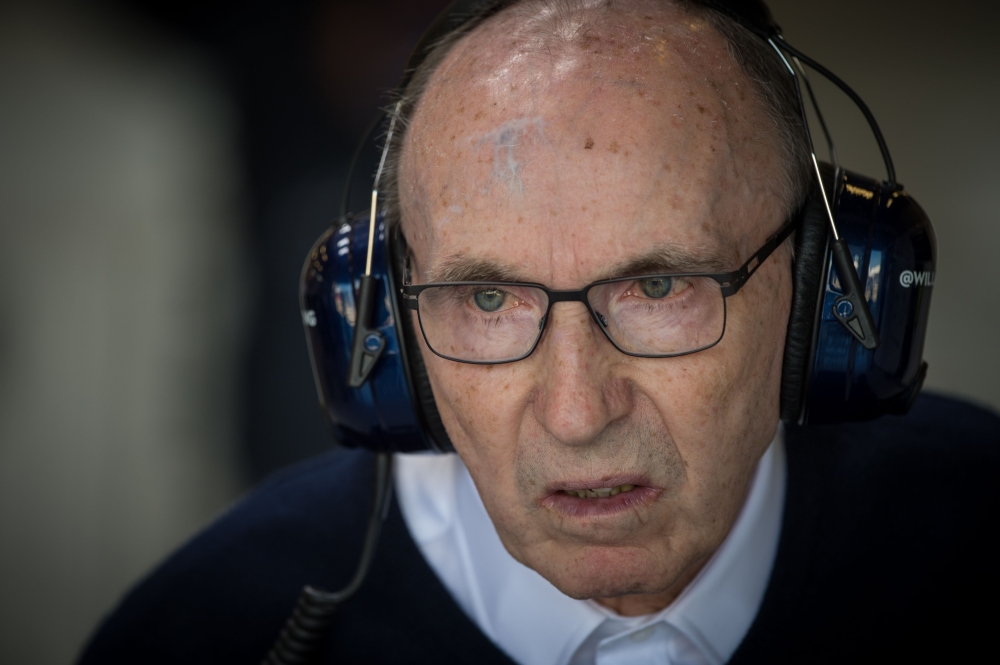 In this file photo taken on July 03, 2015 Williams Martini Racing's Team Chief Frank Williams watches the action in the pits during the first practice session at the Silverstone circuit in Silverstone on July 3, 2015 ahead of the British Formula One Grand
