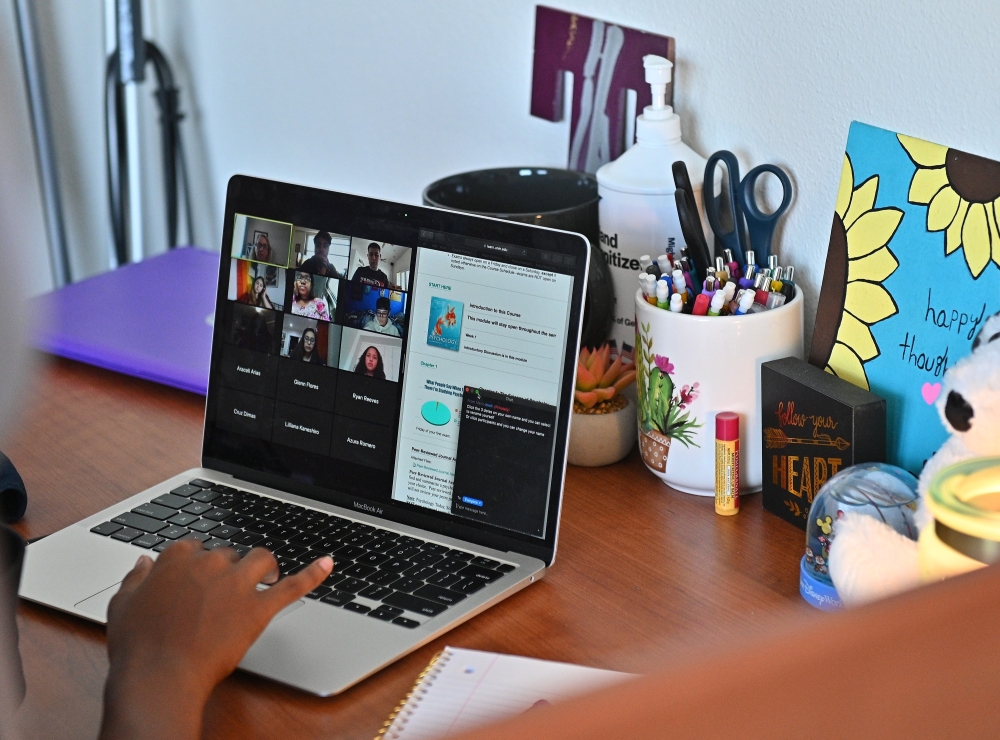 A Zoom meeting for an 'Introduction to Psychology' course is displayed on a laptop as classes begin amid the coronavirus (COVID-19) pandemic on the first day of the fall 2020 semester at the University of New Mexico on August 17, 2020 in Albuquerque, New 