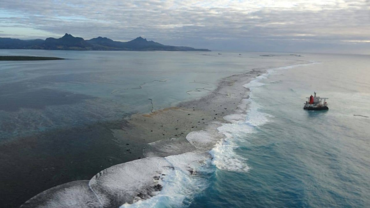 A part of the Japanese-owned bulk carrier MV Wakashio which ran aground is seen in this August 21, 2020 picture obtained from social media, off the coast of Mauritius. MOBILISATION NATIONALE WAKASHIO /via REUTERS