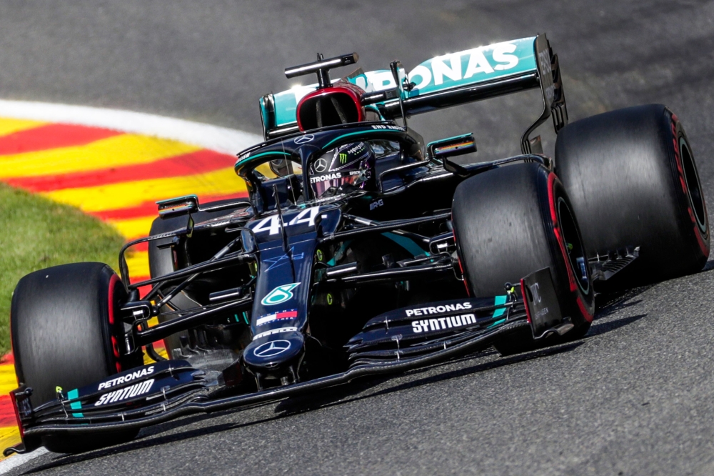 Mercedes' British driver Lewis Hamilton drives during the third practice session at the Spa-Francorchamps circuit in Spa on August 29, 2020 ahead of the Belgian Formula One Grand Prix. / AFP / POOL / Stephanie Lecocq