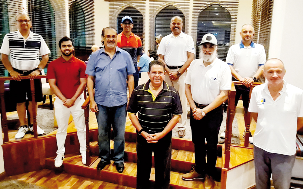 Prize winners of the tournament, (from left) Sanjay Jain, Saad Kazi, Manoj Megchiani, Arnav Jain, PK Mathew, Ravi Shankar, Jasjit Butalia, Navid Bukhari and Serge Guevel.