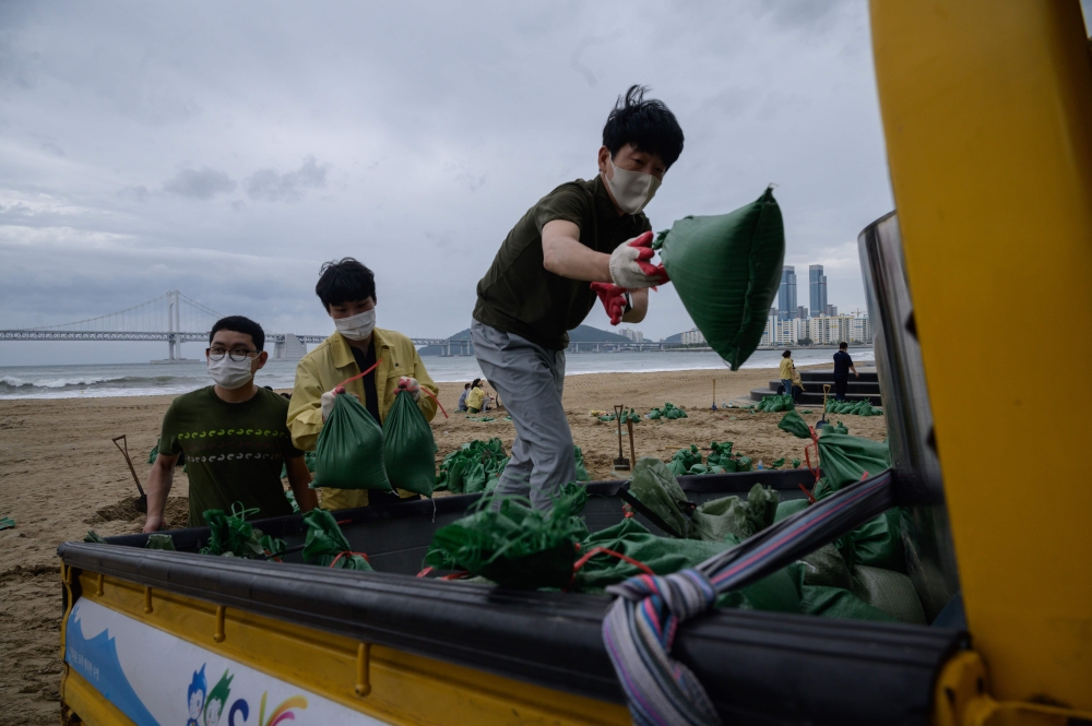District council members fill sand bags as part of preparations ahead of the arrival of typhoon Maysak, at Gwangalli beach in Busan on September 2, 2020. / AFP / Ed JONES