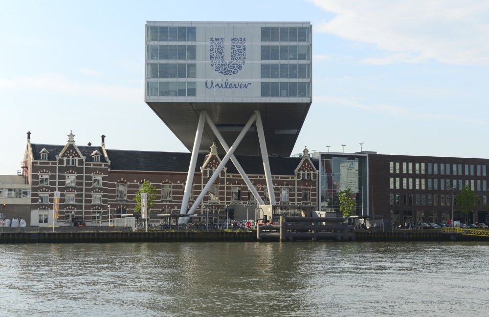 In this file photo taken on June 05, 2015 shows the logo of Unilever at the headquarters in Rotterdam. The hygiene and food giant Unilever announced on September 2, 2020 that it plans to invest 1 billion euros to 