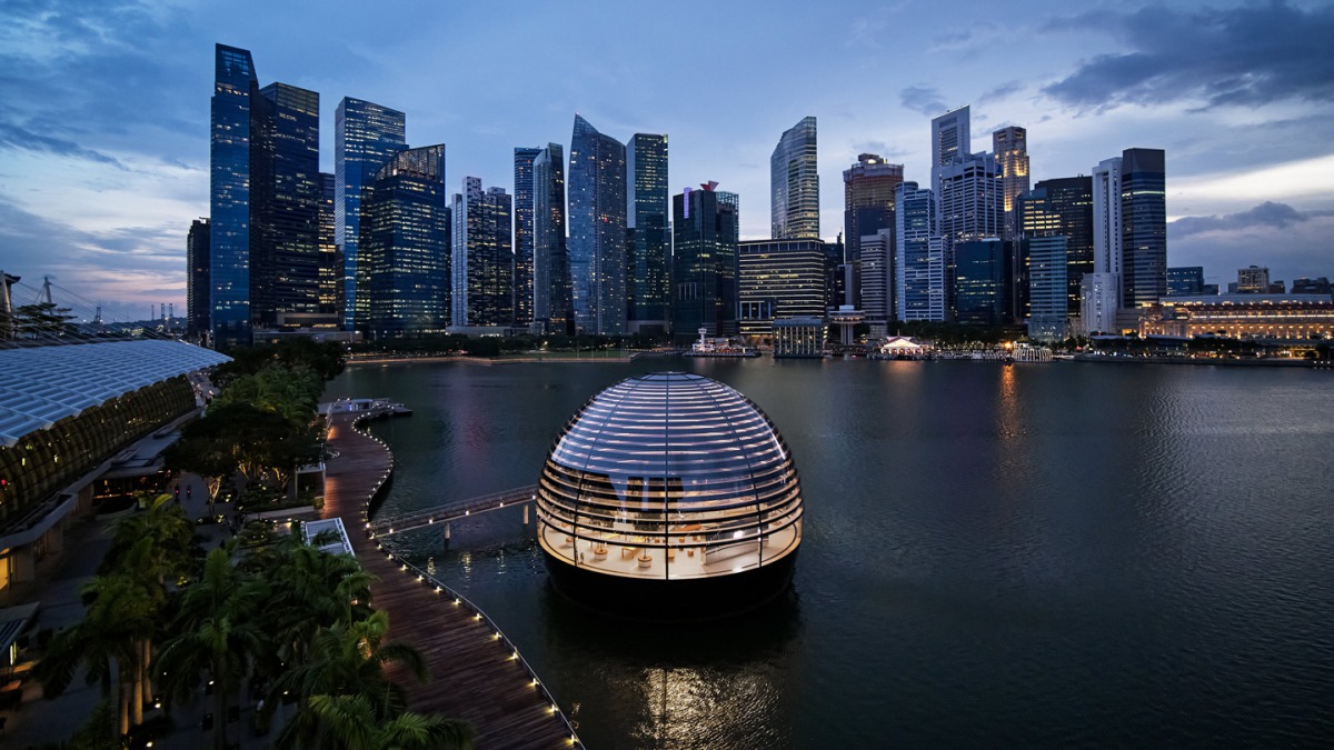 Appearing as a floating sphere, Apple Marina Bay Sands is the first Apple store to sit directly on the water -  apple.com
