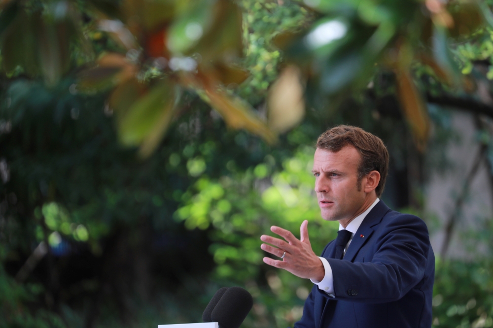 French President Emmanuel Macron gives a news conference in Ajaccio, on the Mediterranean Island of Corsica, France September 10, 2020. Ludovic Marin/Pool via REUTERS