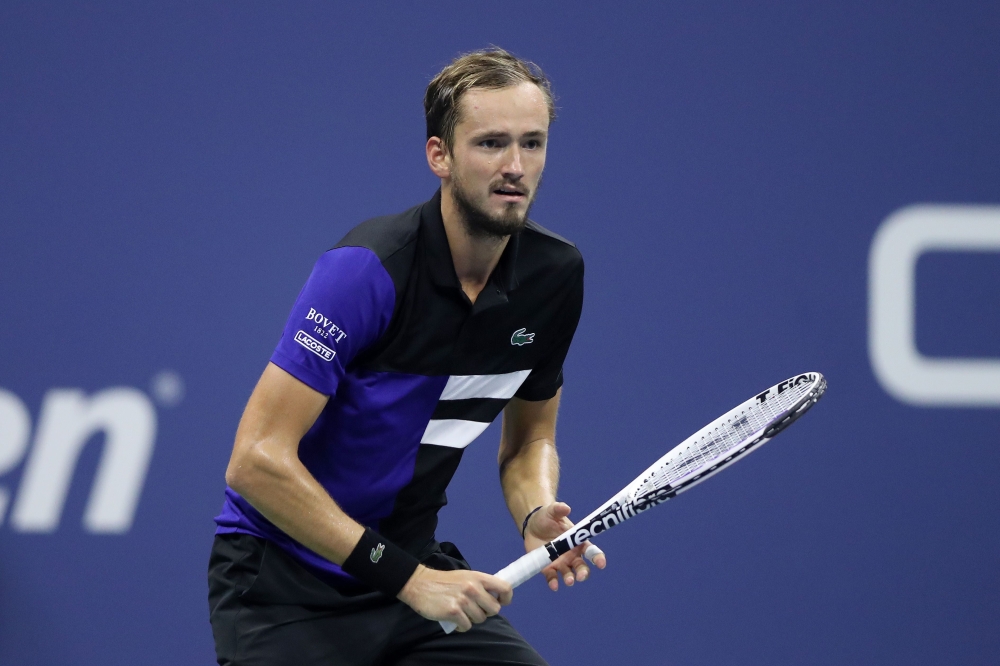 Daniil Medvedev of Russia waits for the ball during his Men's Singles semifinal match against Dominic Thiem of Austria on Day Twelve of the 2020 US Open at the USTA Billie Jean King National Tennis Center on September 11, 2020, in the Queens borough of Ne