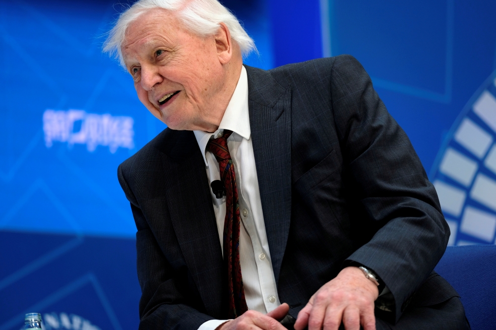Sir David Attenborough sits for an interview with IMF Managing Director Christine Lagarde during the Spring Meetings of the World Bank Group and IMF in Washington, U.S., April 11, 2019. REUTERS/James Lawler Duggan/File Photo