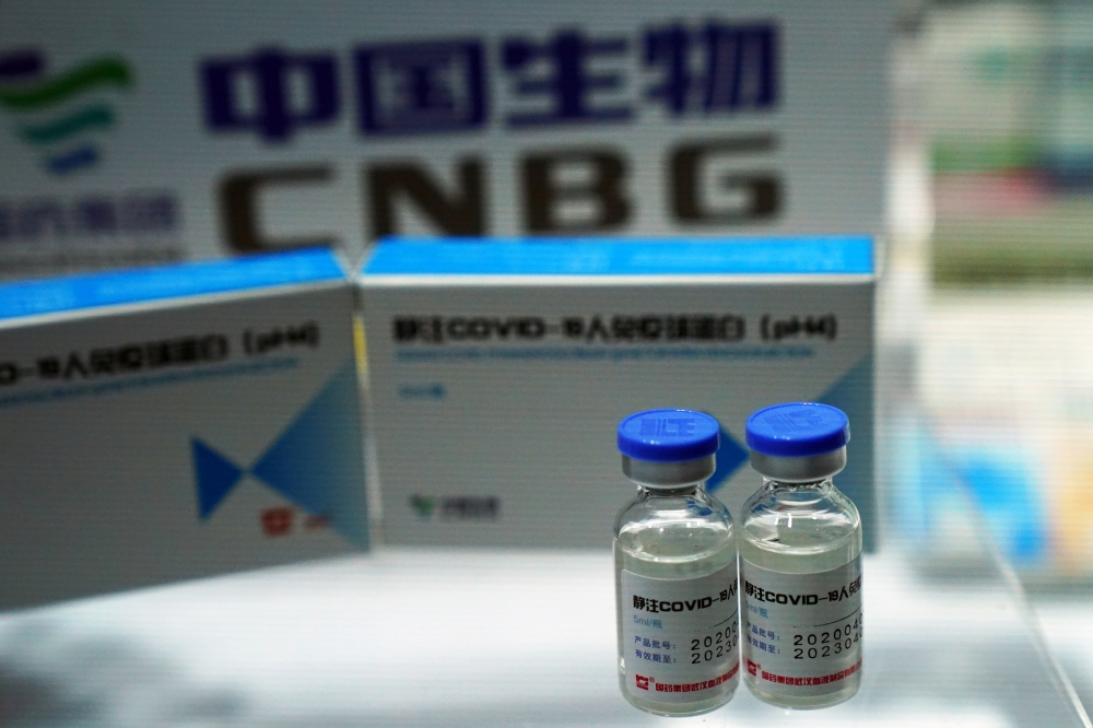 A booth displaying a coronavirus disease (COVID-19) Human Immunoglobulin for Intravenous Injection from China National Biotec Group (CNBG), a unit of state-owned pharmaceutical giant China National Pharmaceutical Group (Sinopharm), is seen at the 2020 Chi