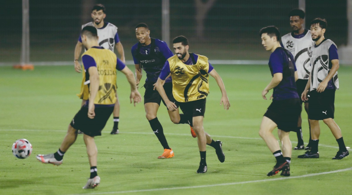 Al Sadd's players taking part in a practice session ahead of their AFC Champions League Round of 16 match against Iran's Persepolis, which will be played at the Education City Stadium, today. 