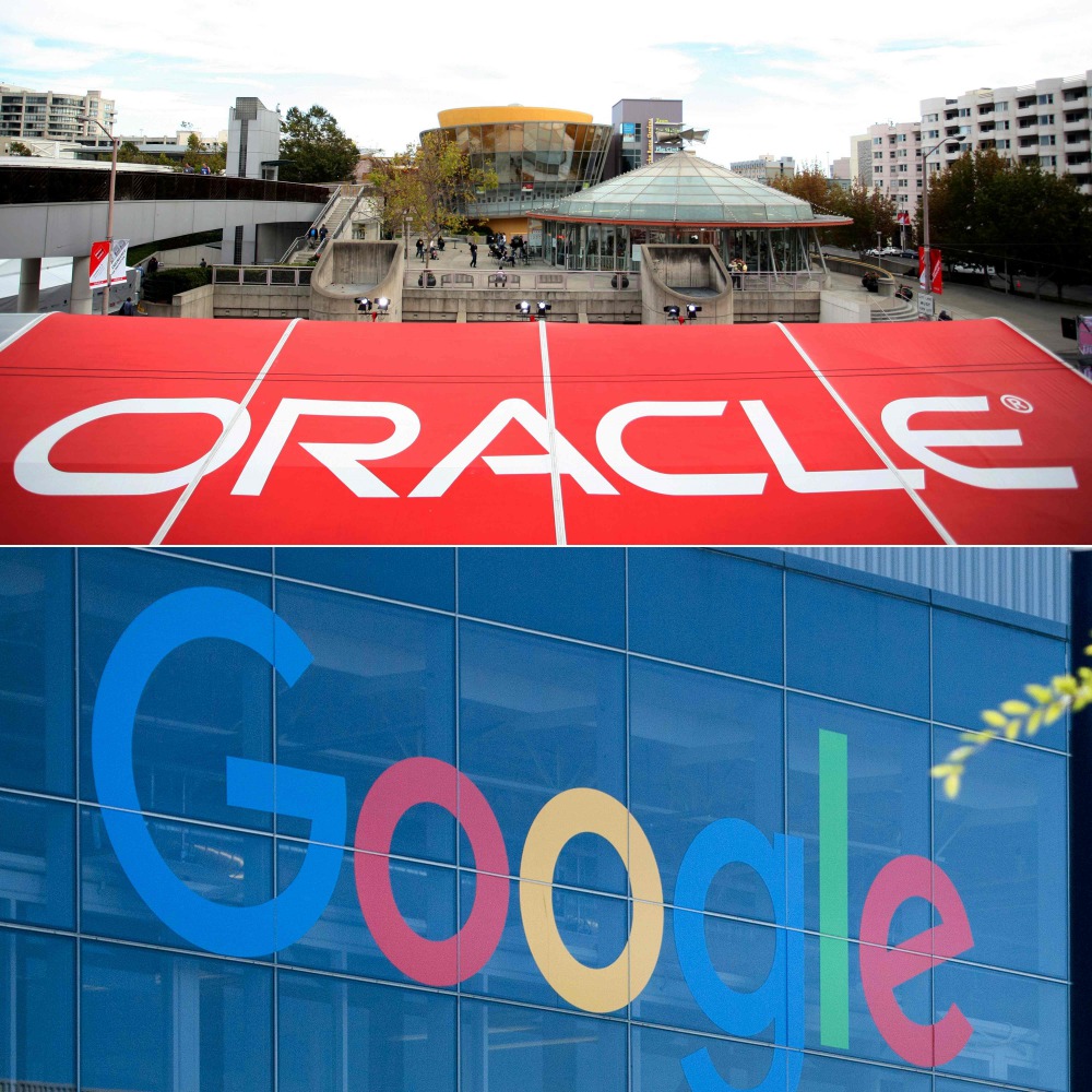 COMBO) This combination of file pictures created on October 2, 2020 shows the Oracle logo (top) at the Oracle OpenWorld 2011 in San Francisco; and a Google logo at the Googleplex in Menlo Park, California on November 4, 2016.. / AFP / KIMIHIRO HOSHINO AND