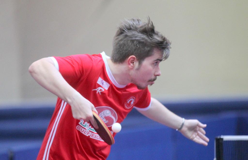 A player of Al Arabi in action against Al Rayyan during their group stage match in the 2019-20 Amir Cup Table Tennis Championship.