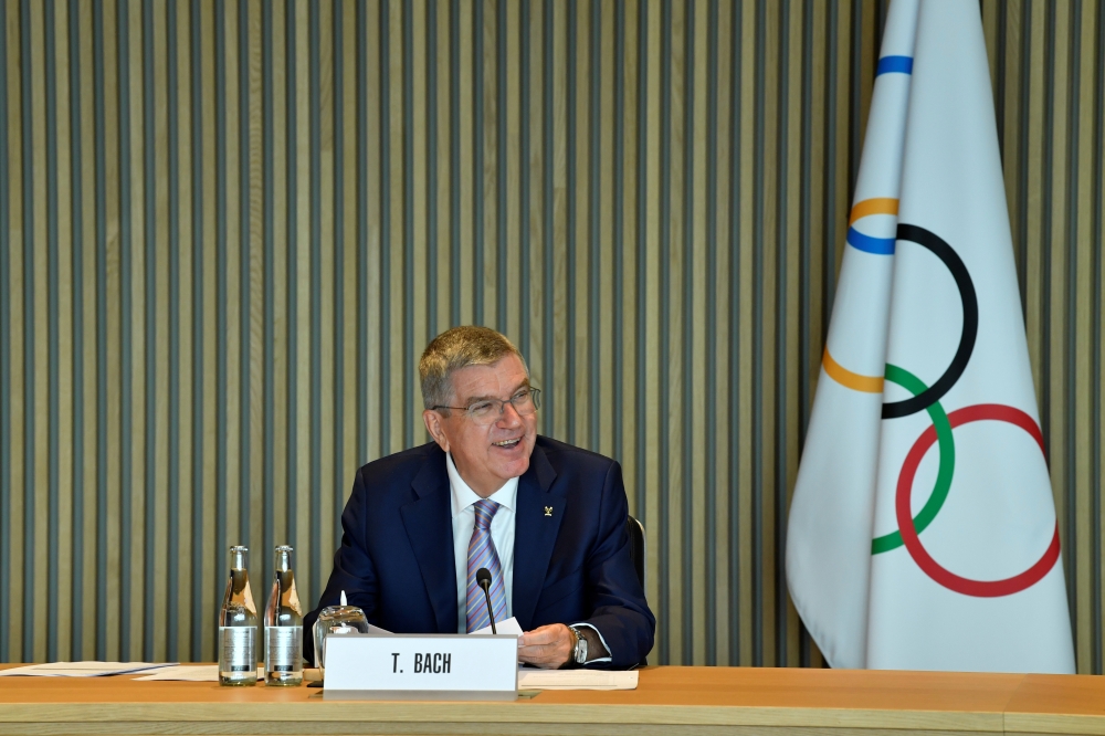IOC President Thomas Bach attends an Executive Board meeting of the International Olympic Committee (IOC) in Lausanne, Switzerland, October 7, 2020. Christophe Moratal/IOC/Handout via REUTERS