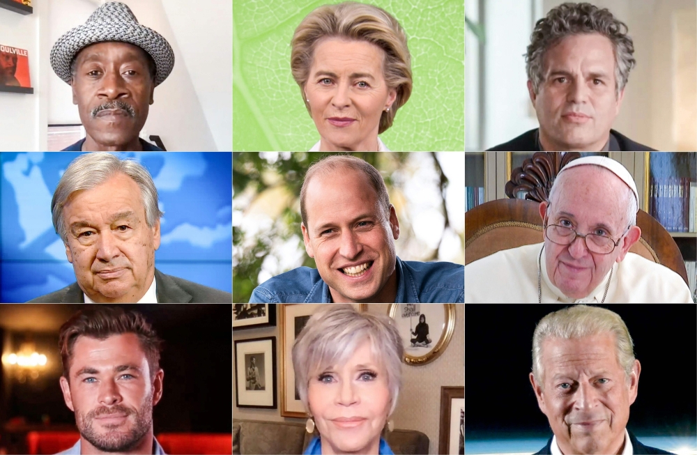 This combination of pictures created on October 10, 2020 of handout photos courtesy of TED shows (From Top L) US actor Don Cheadle, European Commission President Ursula von der Leyen, US actor Mark Ruffalo, UN Secretary-General Antonio Guterres, Prince Wi