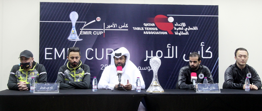 A Qatar Table Tennis Association official along with Al Sadd and Qatar SC representatives, speaks during a press conference on the eve of Amir Cup Table Tennis tournament final.   