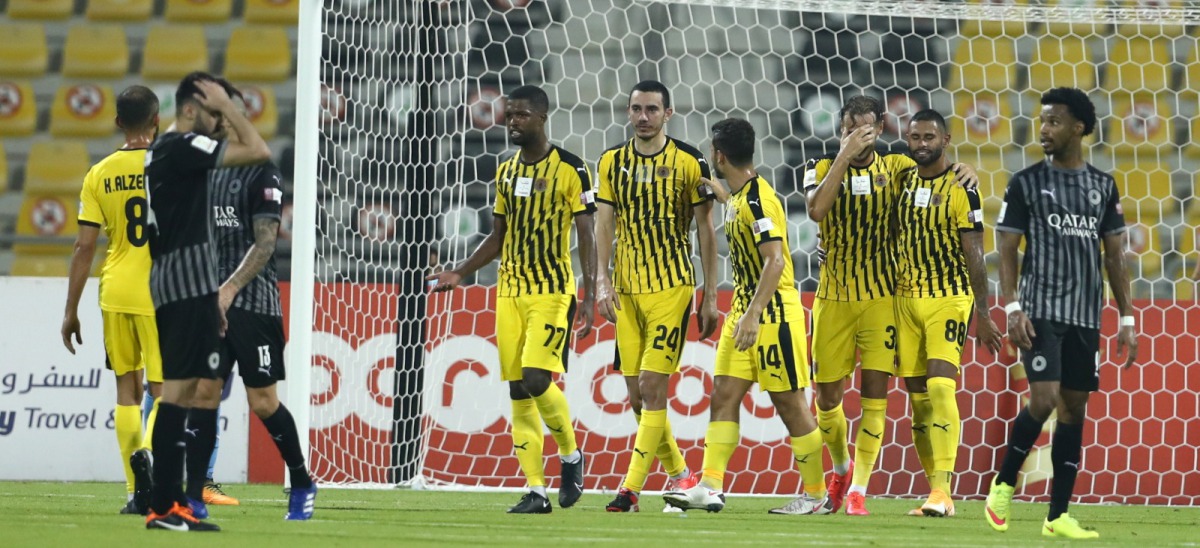 Qatar SC players celebrate a goal against Al Sadd during their Round 2 fixture last week. 