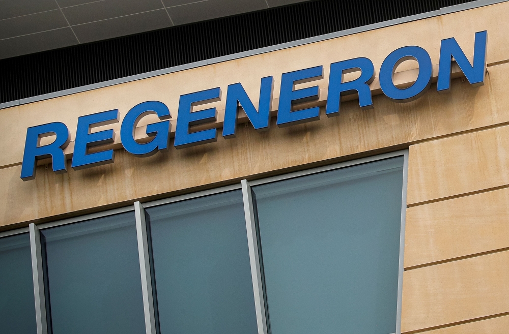 The Regeneron Pharmaceuticals company logo is seen on a building at the company's Westchester campus in Tarrytown, New York, U.S. September 17, 2020. REUTERS/Brendan McDermid/File Photo