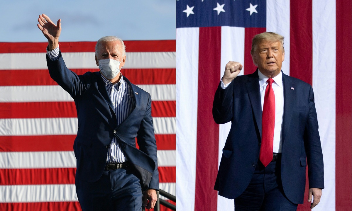 (Combo) This combination of pictures created on October 30, 2020 shows Democratic presidential nominee and former Vice President Joe Biden waves to supporters before speaking at a Drive-In rally at Dallas High School, in Dallas, Pennsylvania, on October 2