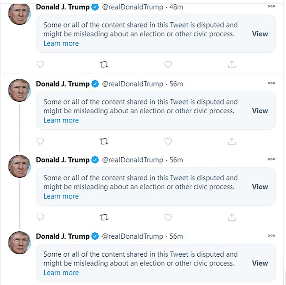 This image taken from Twitter shows a page from @realDonaldTrump on November 7, 2020, with flagged tweets. US President Donald Trump, whose bid for reelection looked increasingly unlikely, showed no signs of conceding, blasting off a series of morning twe