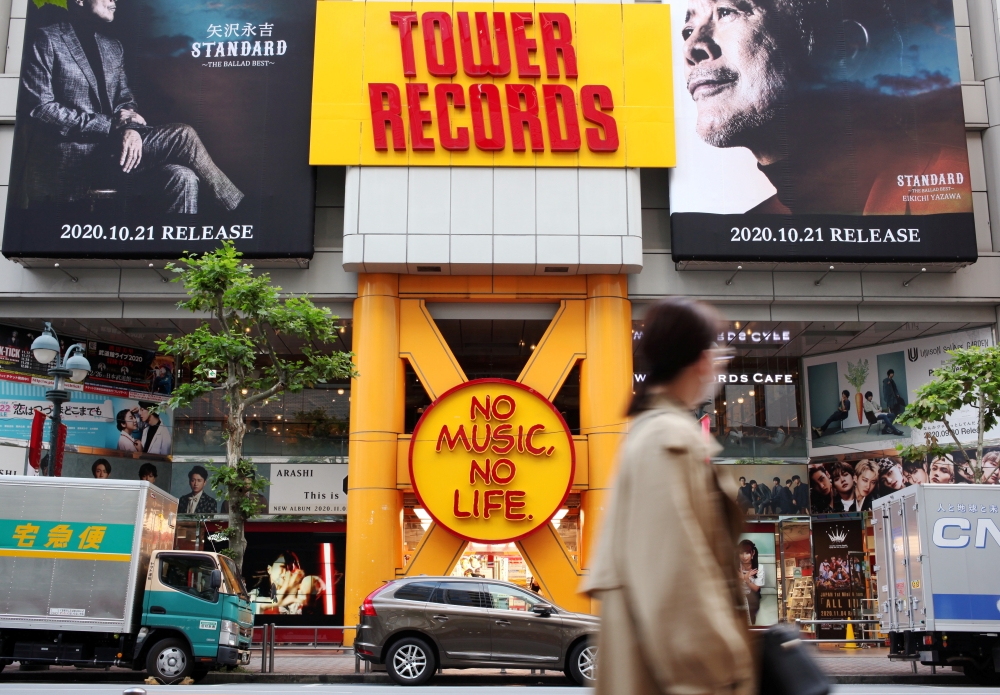 A general view shows Tower Records, a Japanese retail music franchise and music store, at Shibuya district in Tokyo, Japan November 9, 2020. Reuters/Ritsuko Ando