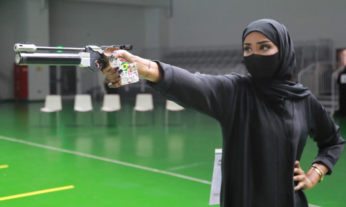 Nasra Muhammad in action during yesterday's  10-metre air pistol event of the Amir Cup Shooting Championships at the Lusail Shooting Range.
