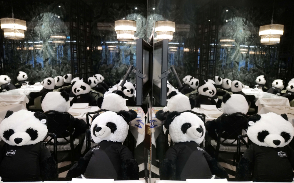 Fluffy toy panda bears as part of the art installation 