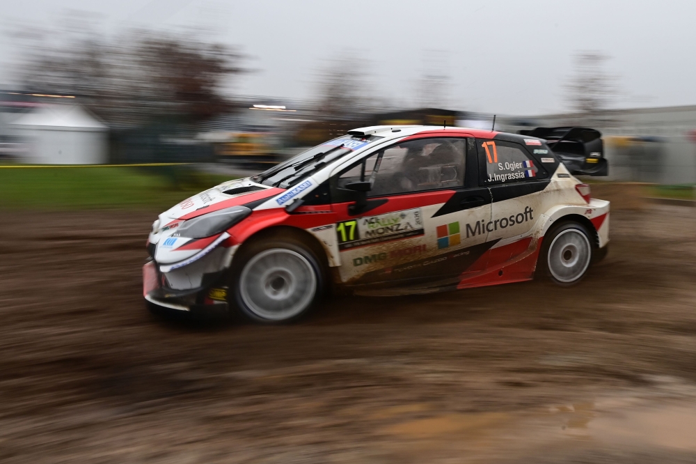 French driver Sebastien Ogier and co-driver Julien Ingrassia steer their Toyota Yaris WRC during the SS16 stage of the FIA World Rally Championship at the Autodromo Nazionale circuit in Monza on December 6, 2020. / AFP / MIGUEL MEDINA