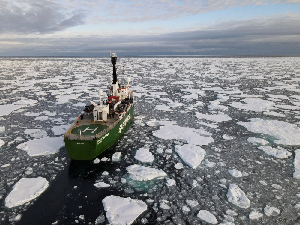 Greenpeace's Arctic Sunrise ship navigates through floating ice in the Arctic Ocean, September 15, 2020. Picture taken September 15, 2020. Picture taken with a drone. REUTERS/Natalie Thomas/File Photo