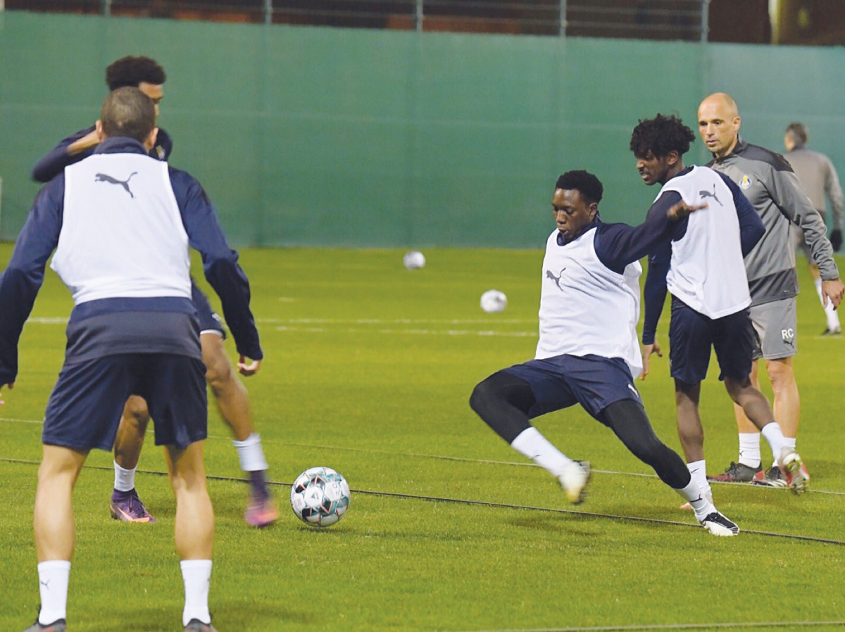 Al Gharafa players in action during a pre-match training session ahead of their QNB Stars League Round 10 match against Al Wakrah.