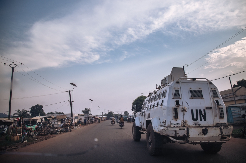 Forces of the United Nations Multidimensional Integrated Stabilization Mission in the Central African Republic (MINUSCA) patrol in Bangui, on December 22, 2020.  AFP / ALEXIS HUGUET